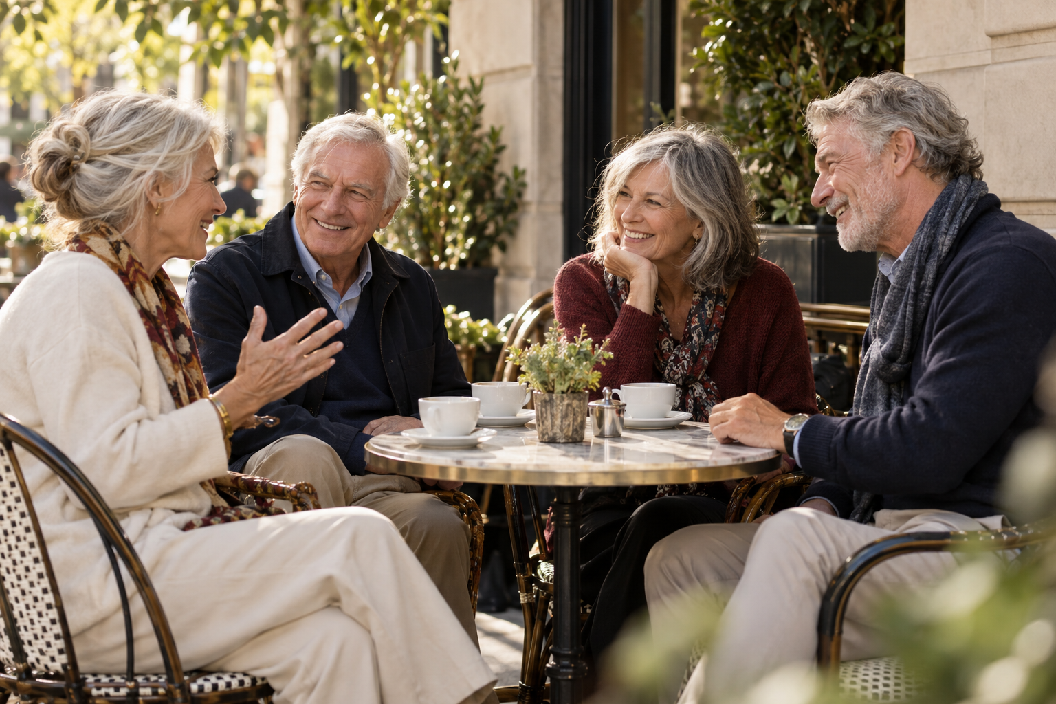 Illustrative group of older adults enjoying conversation at a cafe